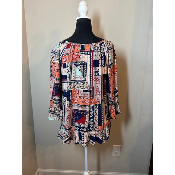 Aura Blue Peasant Patchwork Boho Top Flowy with Ruffle Sleeves Size Small - Picture 2 of 6